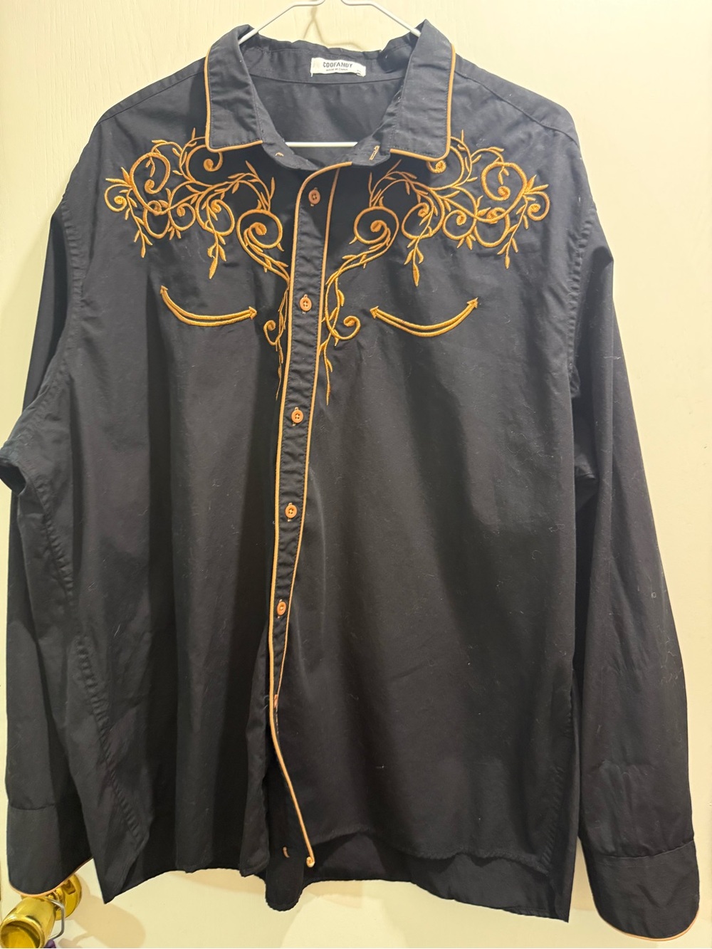 Men's Black Button-Down Shirt with Gold Embroidery
